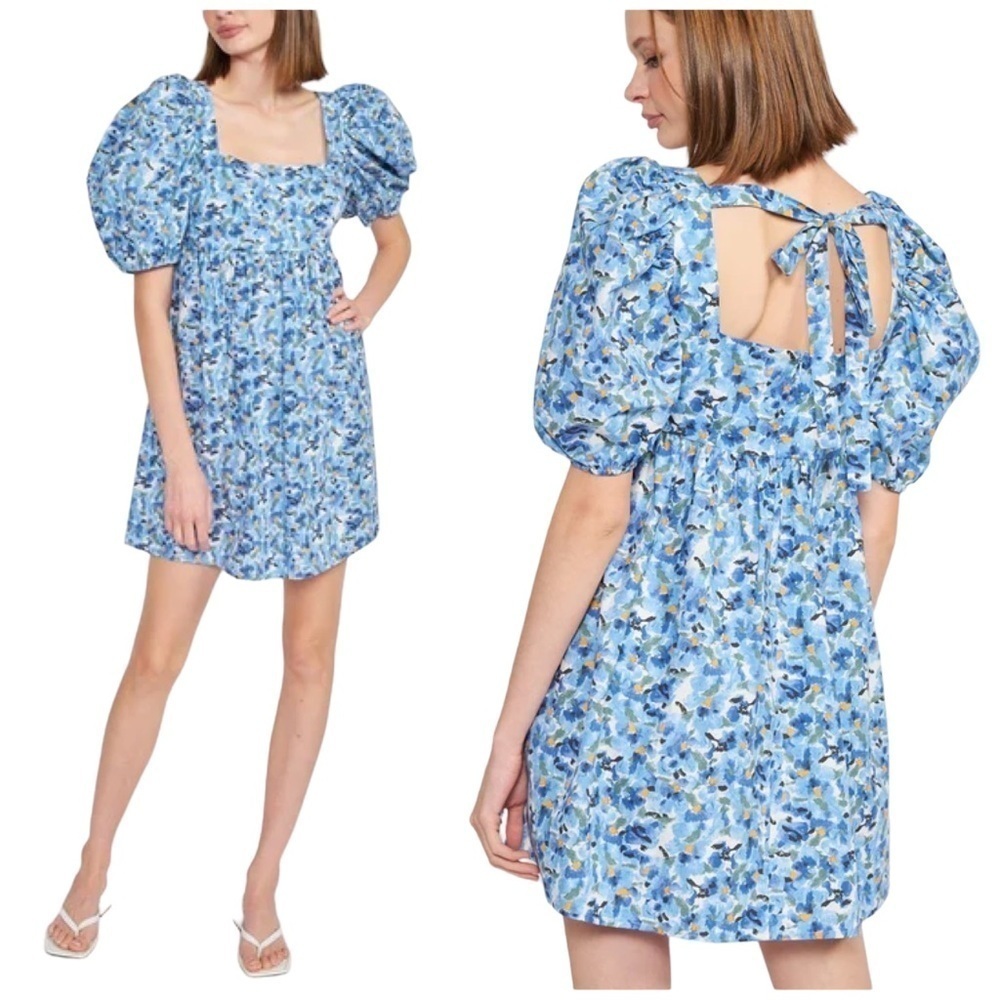 Jacquie The Label Watercolor Floral Print Puff Sleeve Tie Back Babydoll Dress